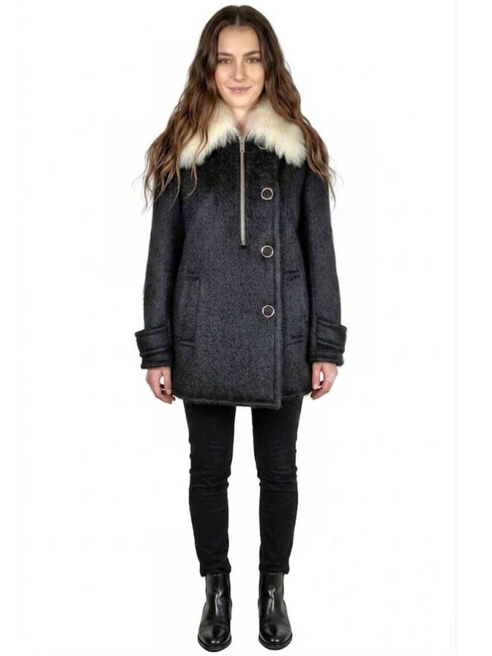 Alexander Wang Womens Black Lamb Shearling Fur Wool Blend Coat, Womens Size 4